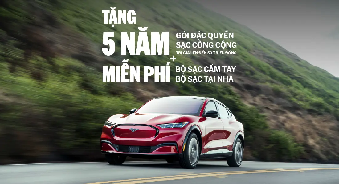 Red Ford Mustang Mach-E with a charging promotion offer.