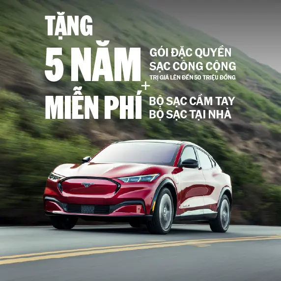 Red Ford Mustang Mach-E with a charging promotion offer.
