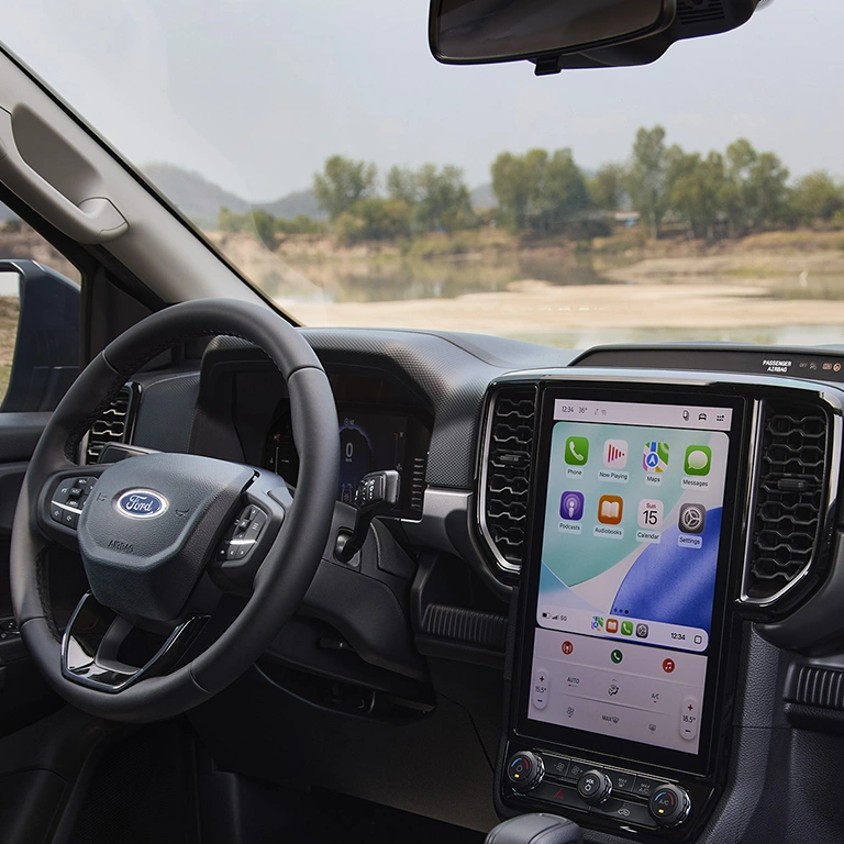 interior stearing wheel and display screen on overview