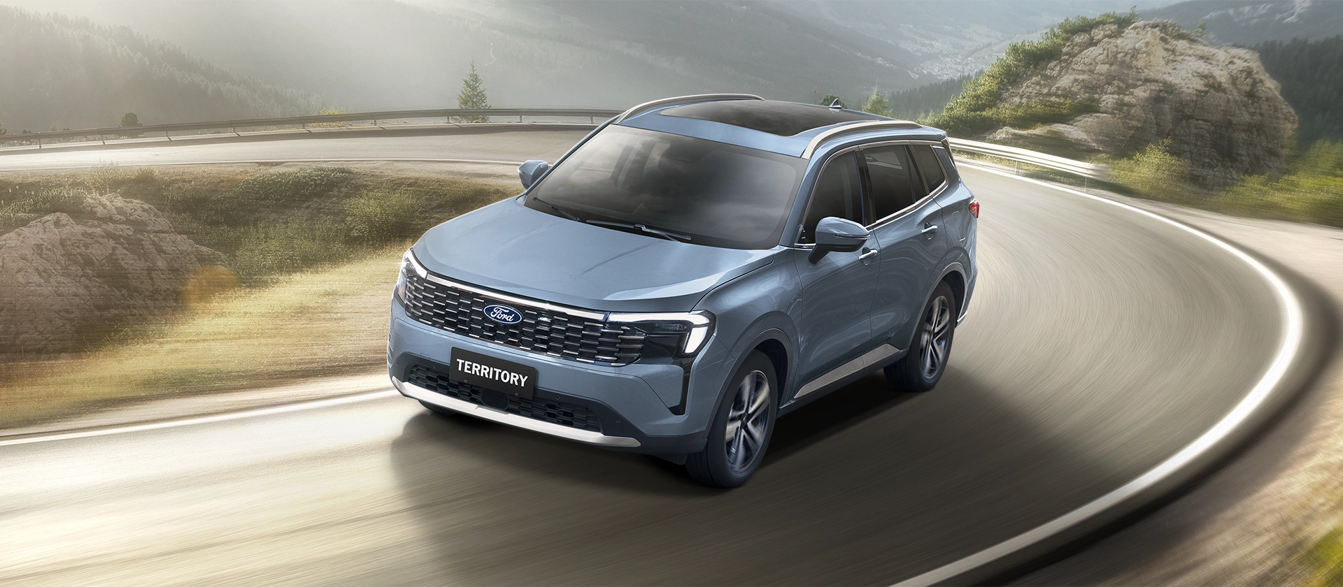front view of blue ford territory on model-titaniumX