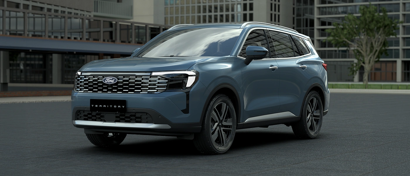 front view of blue ford territory titanium x