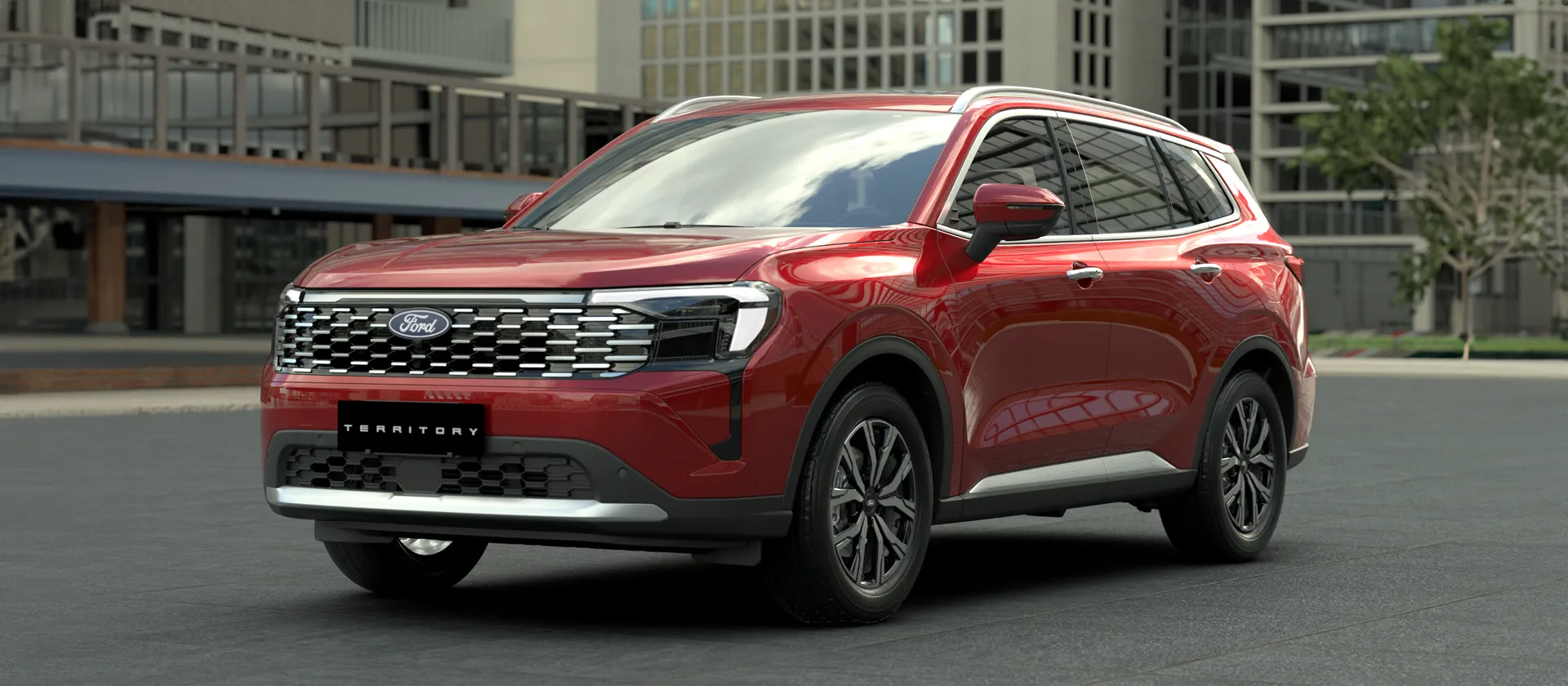Red Ford Territory SUV front three quarter view