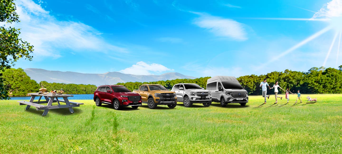 Ford Territory, Ford Ranger, Ford Everest and Ford Transit standing outdoor under bright sunlight