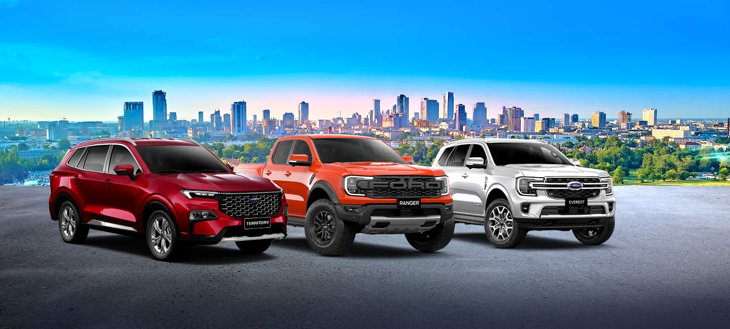 Ford Territory, Ford Ranger, Ford Everest and Ford Transit standing outdoor under bright sunlight