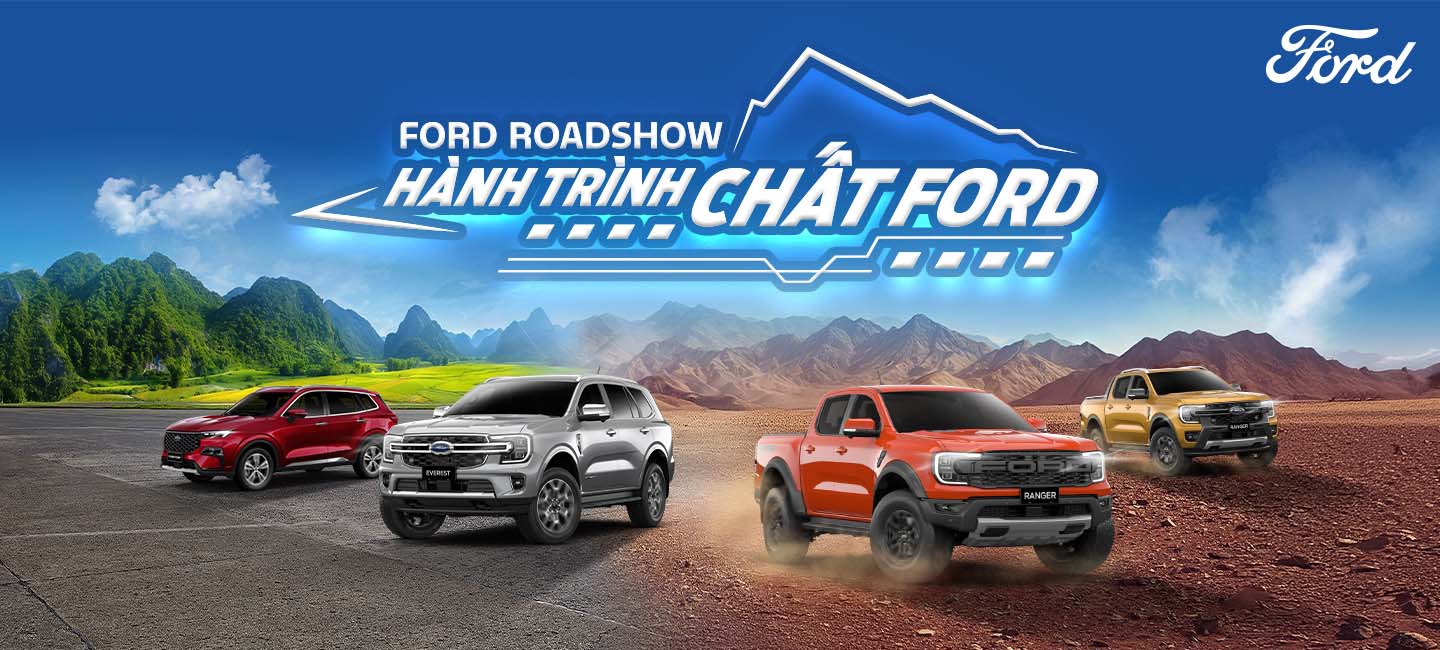 Ford Territory, Ford Ranger, Ford Everest and Ford Transit standing outdoor under bright sunlight